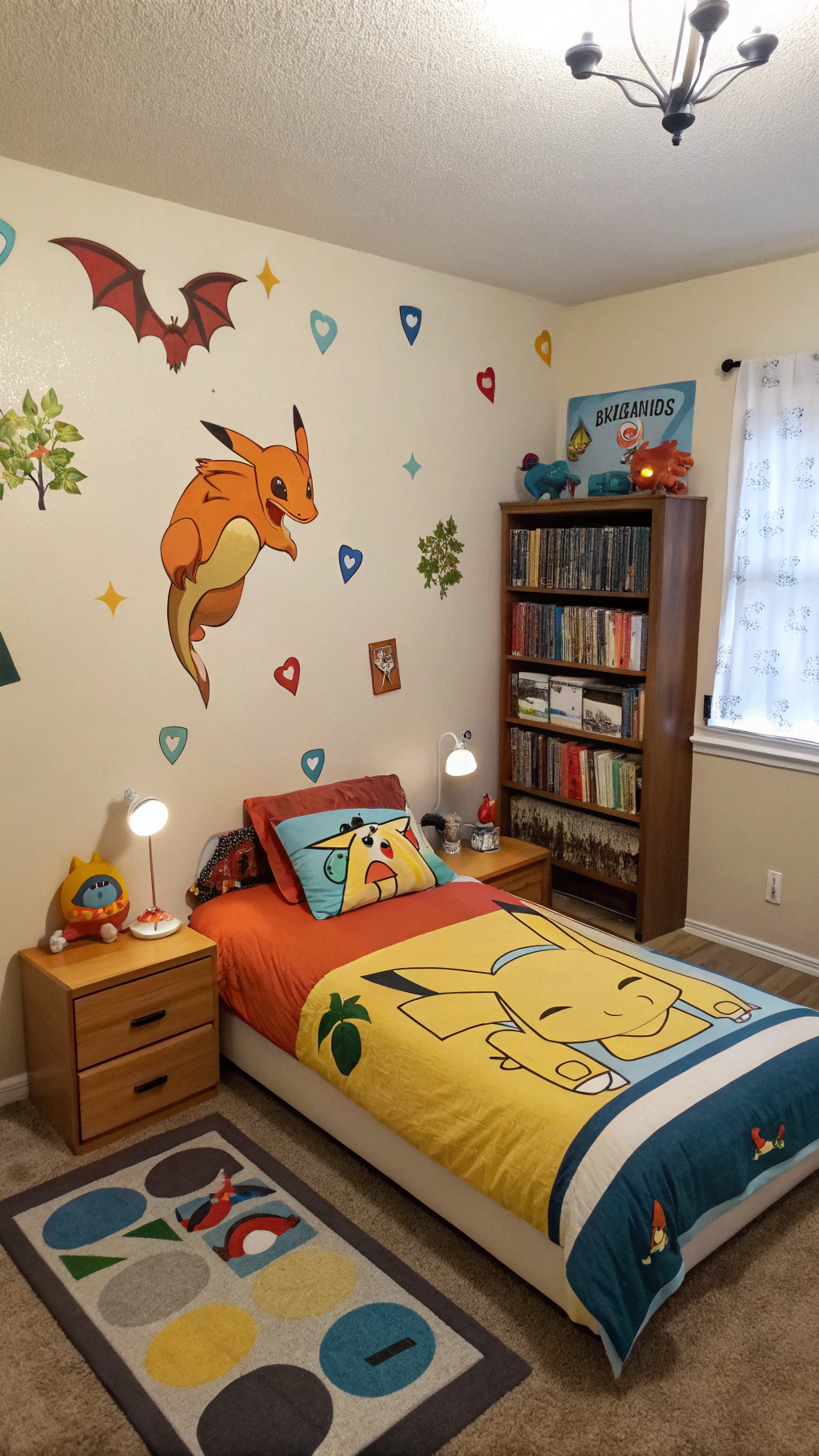 004 Small Pokemon Bedroom Ideas with Charmander Bedding and Flying Pokemon Wall Art - Themed Ideas