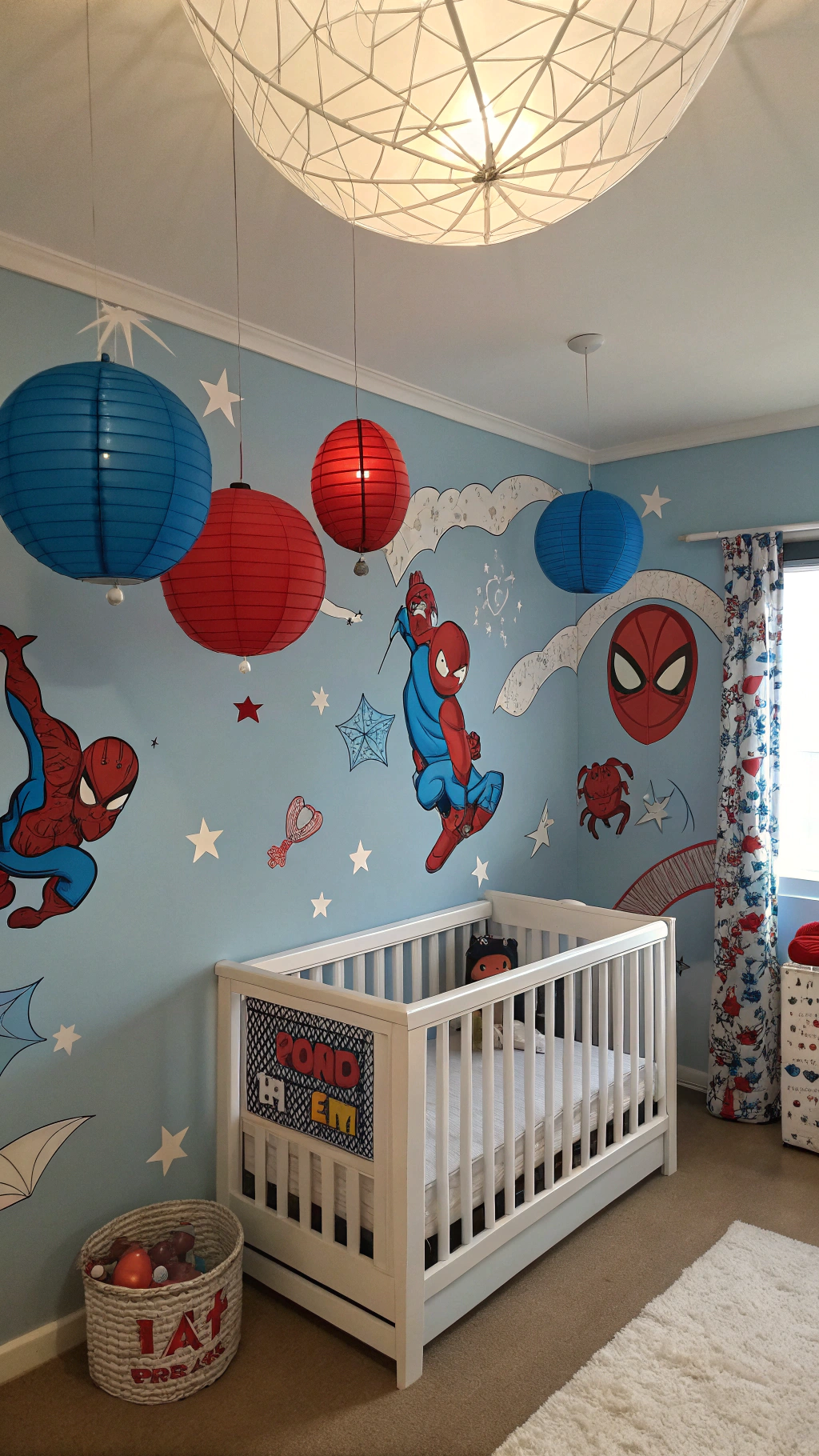 006 Dreamy Spiderman Bedroom Ideas for Toddlers With Web Mobiles and Soft Blue Colors - Themed Ideas