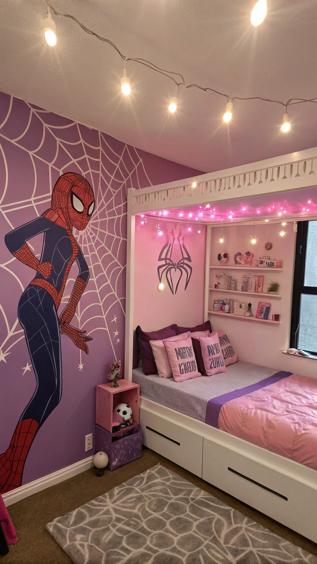 010 Unique Spiderman Bedroom Ideas for Girls Featuring Gwen Stacy and Web Fairy Lights - Themed Ideas