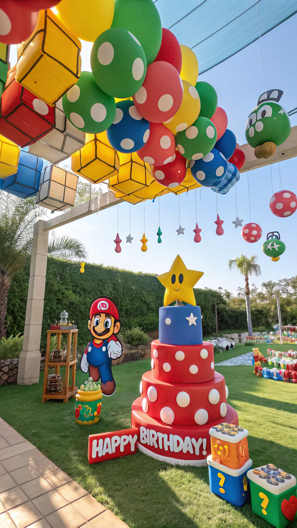 011 Colorful Super Mario birthday party decor with balloons backdrop and fun centerpiece ideas - Themed Ideas