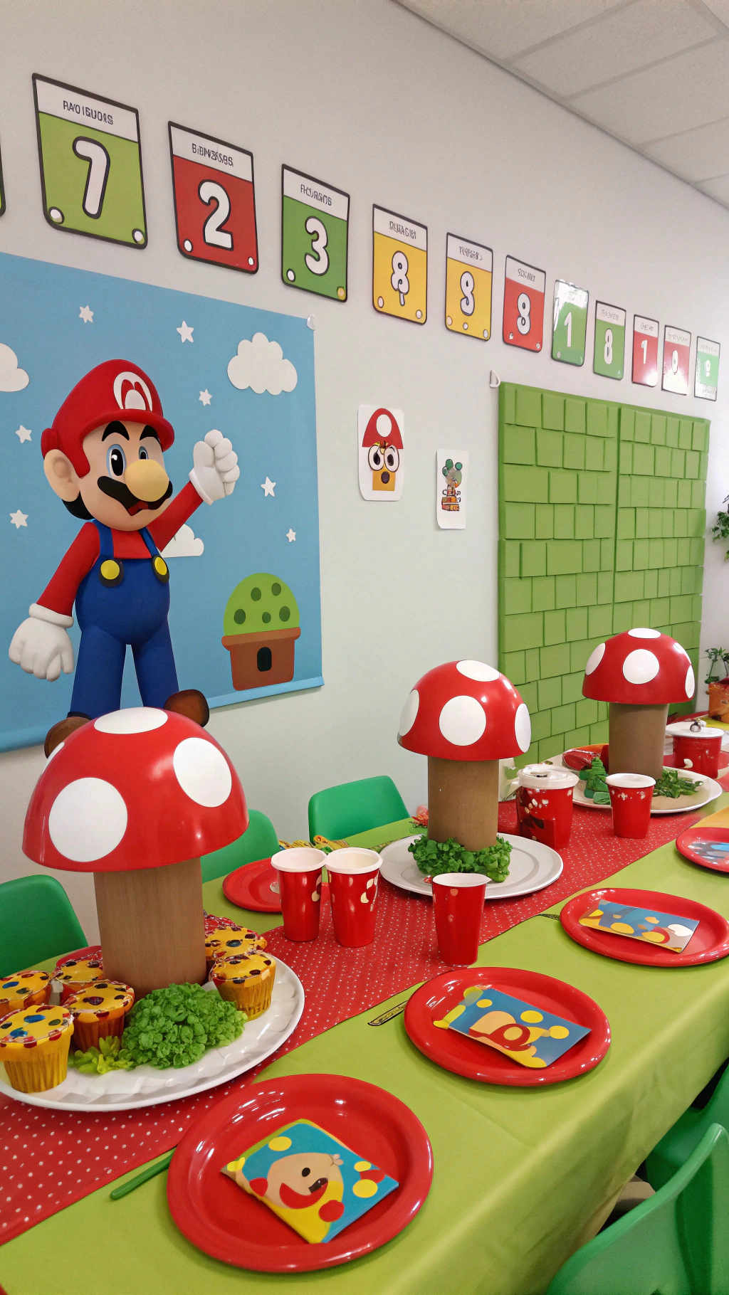 012 Indoor Super Mario themed party decor with diy decorations and character wall decals - Themed Ideas