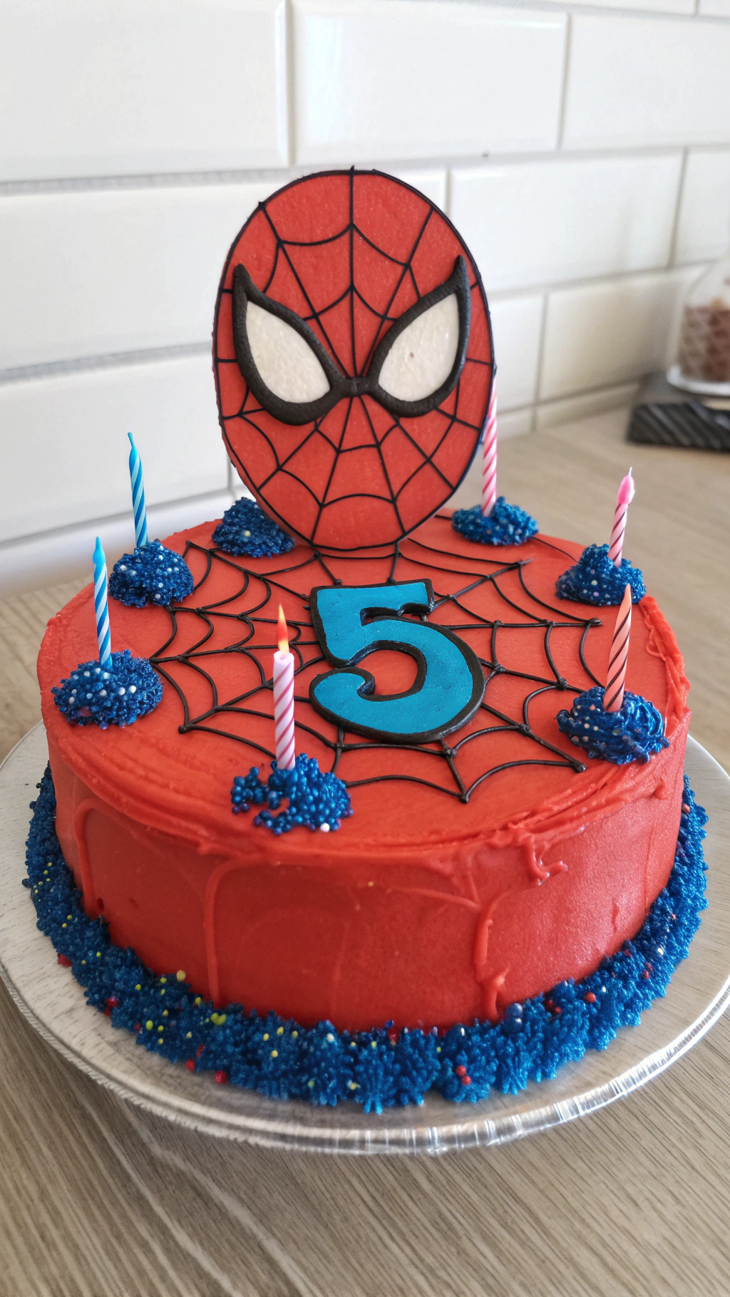 012 Spiderman Face Cake with Red Frosting Edible Print - Themed Ideas