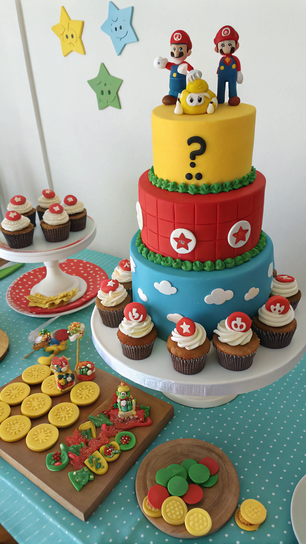 013 Super Mario dessert table decorations with themed cake cupcakes and fondant toppers - Themed Ideas