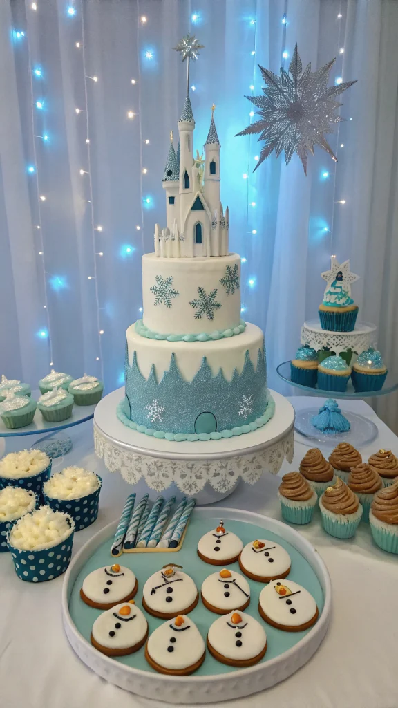 014 Frozen Birthday Dessert Table Decorations with Ice Castle Cake and Snowflake Treats - Themed Ideas