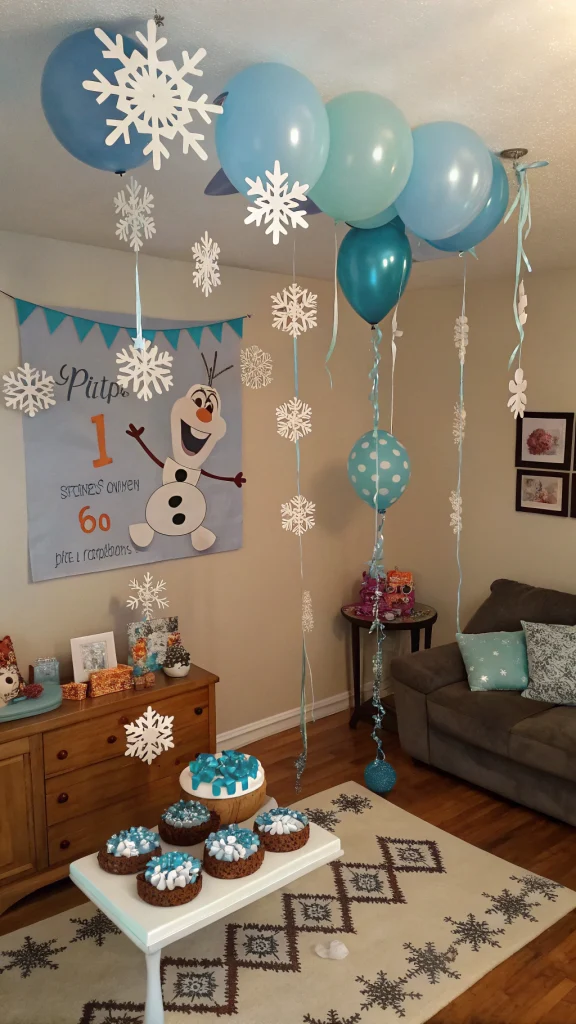 015 DIY Frozen Birthday Party Decorations with Handmade Snowflakes and Olaf Centerpiece - Themed Ideas