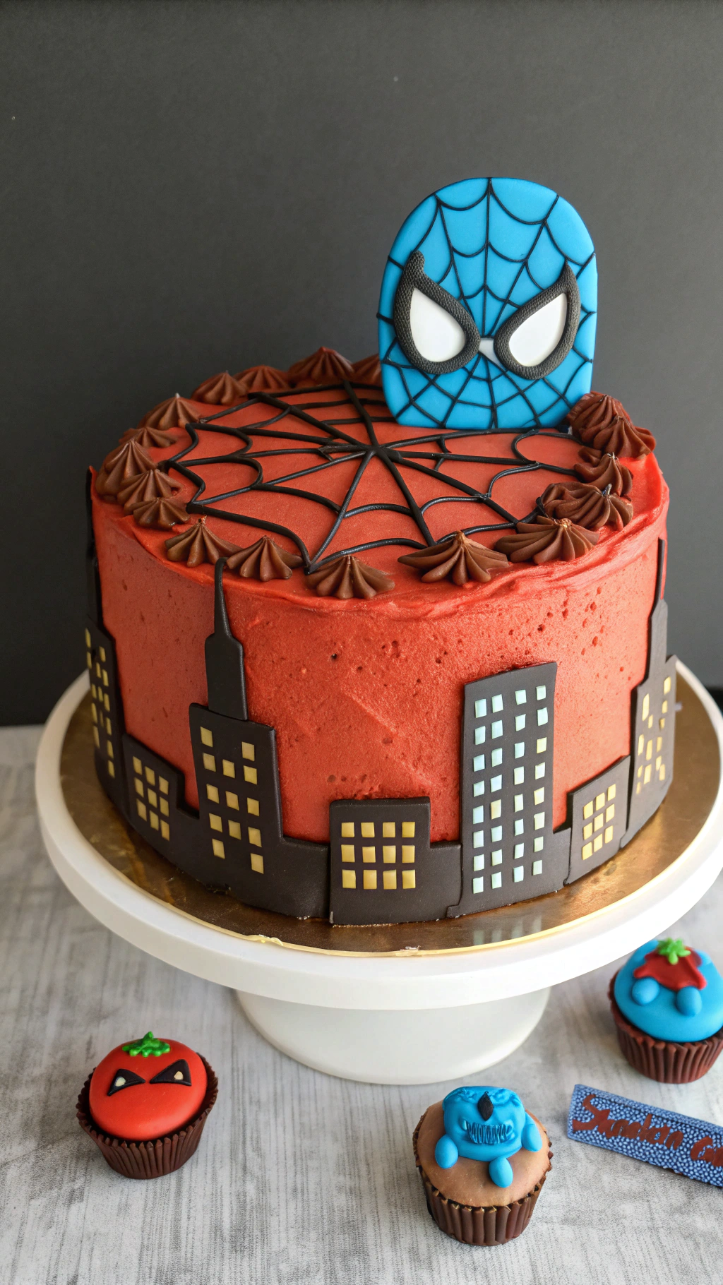 015 Easy Spiderman Cake with Red Icing Toy City Base - Themed Ideas