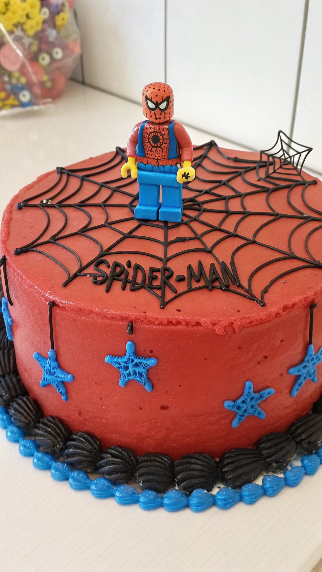 017 Two Layer Spiderman Cake with LEGO Topper Web Icing - Themed Ideas