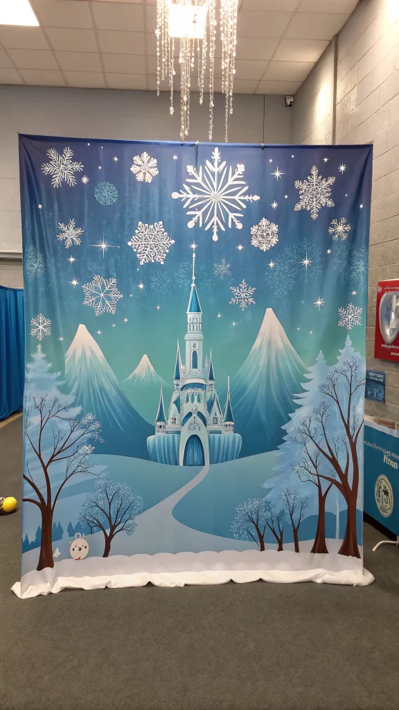 017 Whimsical Frozen Party Backdrop Ideas Featuring Elsas Ice Castle and Snowflakes - Themed Ideas
