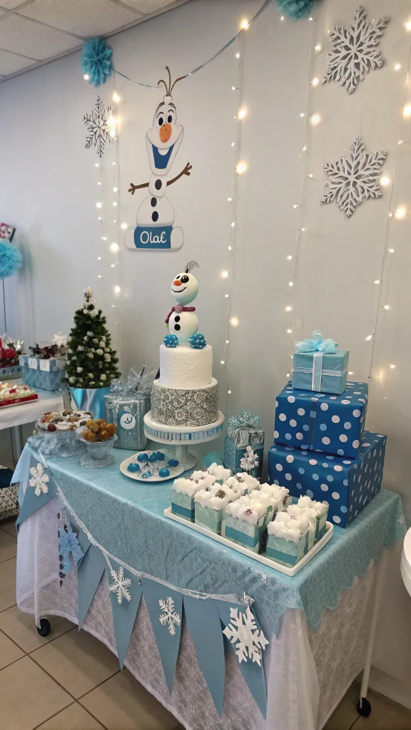 018 Frozen Gift Table Decorations with Olaf Plushies and Snowflake Name Tags - Themed Ideas