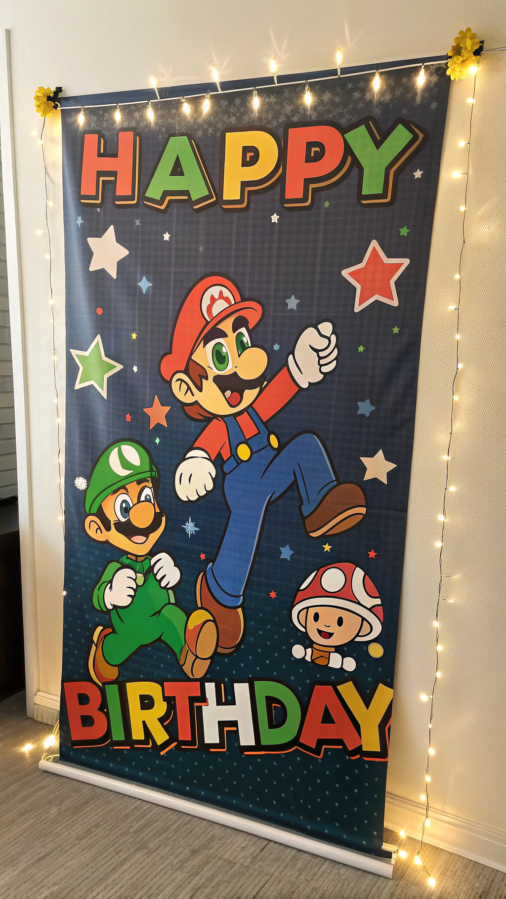 018 Super Mario themed birthday banner with colorful characters and backdrop decoration ideas - Themed Ideas