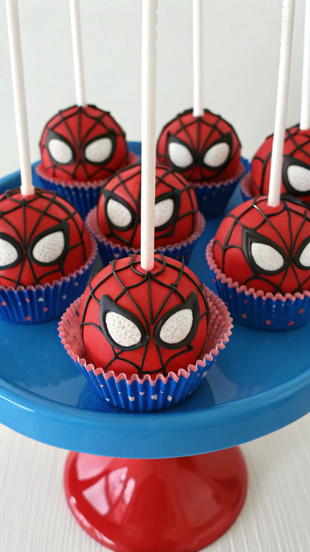 022 Spiderman cake pops cakepops with web designs and edible masks for themed birthdays - Themed Ideas