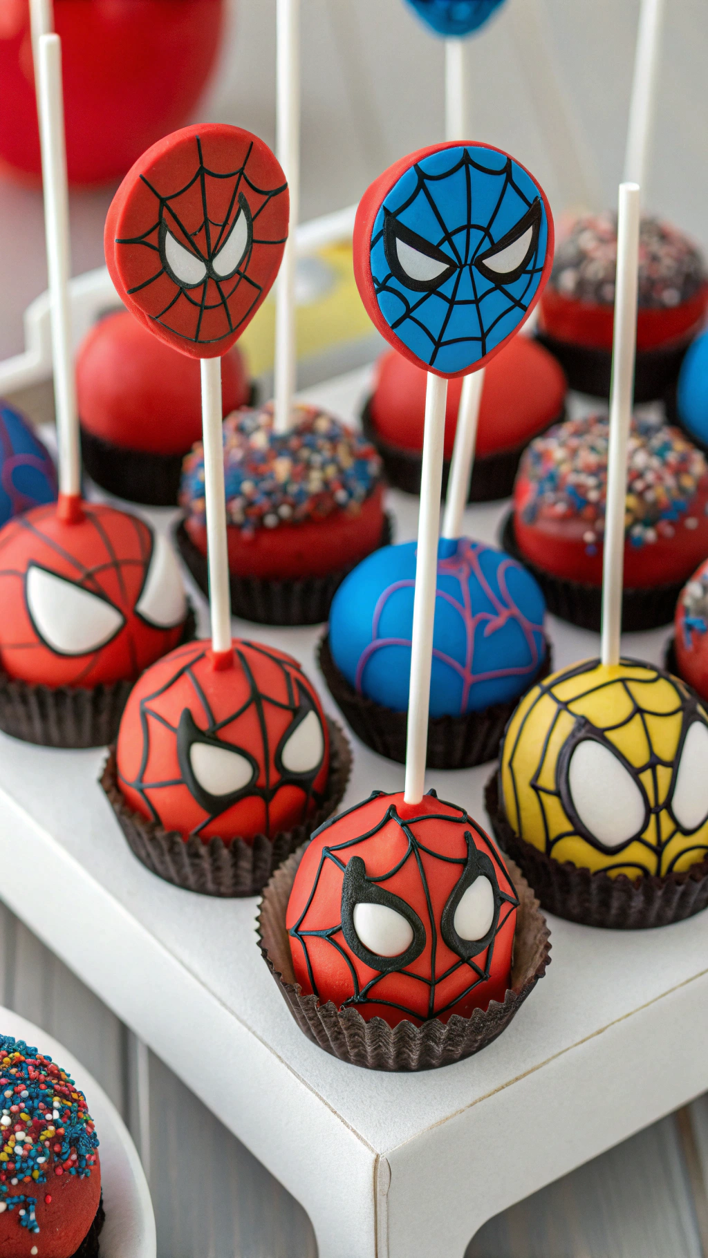 026 Assorted Spiderman cakepops and cake popsicles with Marvel colors and edible glitter - Themed Ideas