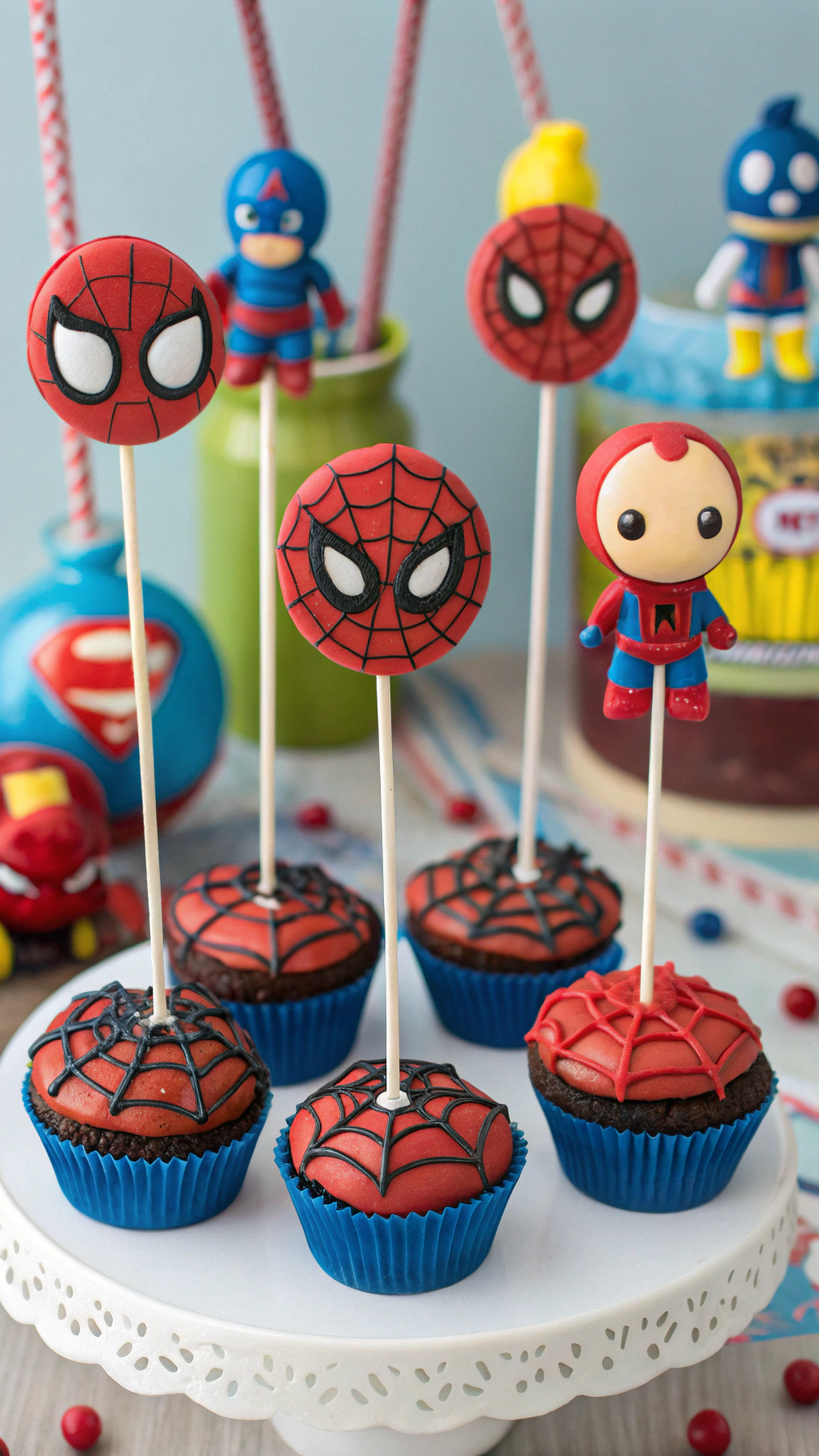 027 Spiderman cake pops with candy web strings and fun superhero faces for birthday fun - Themed Ideas