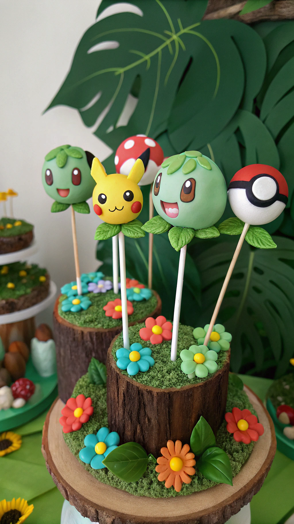028 Grass Type Pokemon Cake Pops for a Forest Themed Kids Birthday Celebration - Themed Ideas