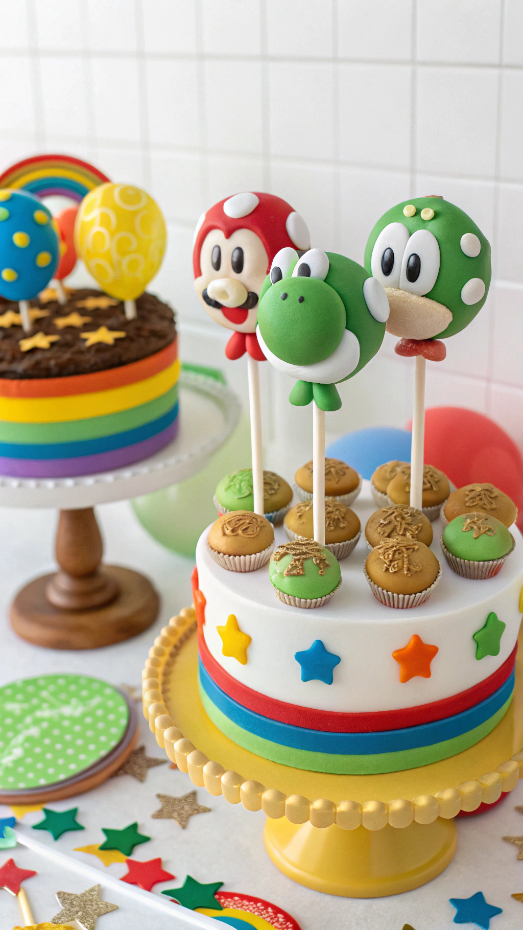 028 Happy Yoshi and Toad cake pops – Super Mario cake pops ideas for colorful kids parties - Themed Ideas