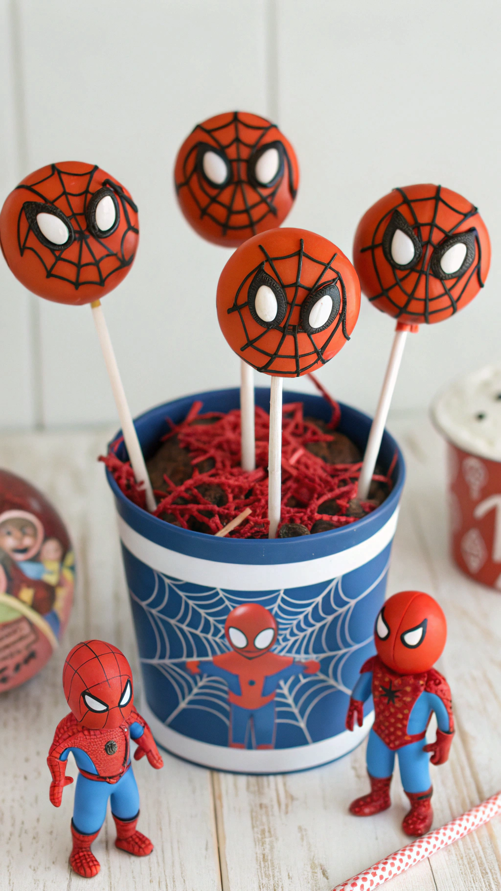 028 Spiderman cake pops for kids in themed buckets with comic inspired icing and toys - Themed Ideas