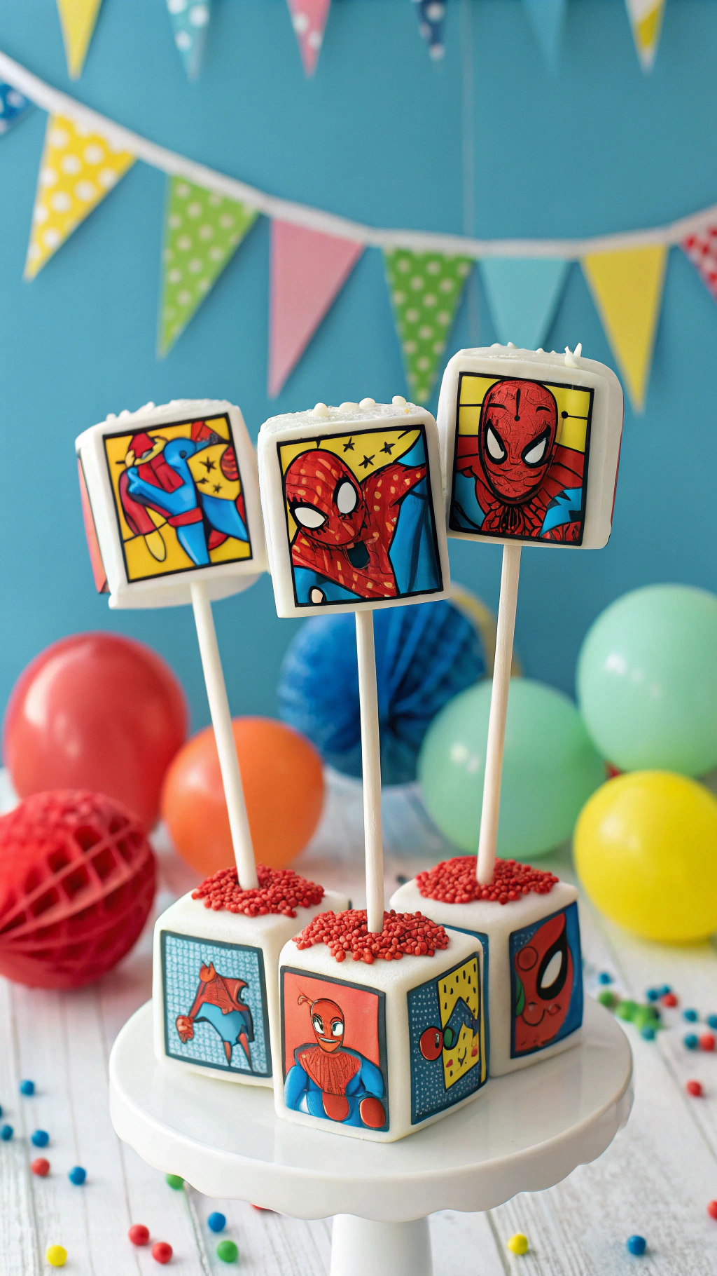 029 Comic style Spiderman cake pops with frosting scenes for superhero birthdays ages 4–10 - Themed Ideas