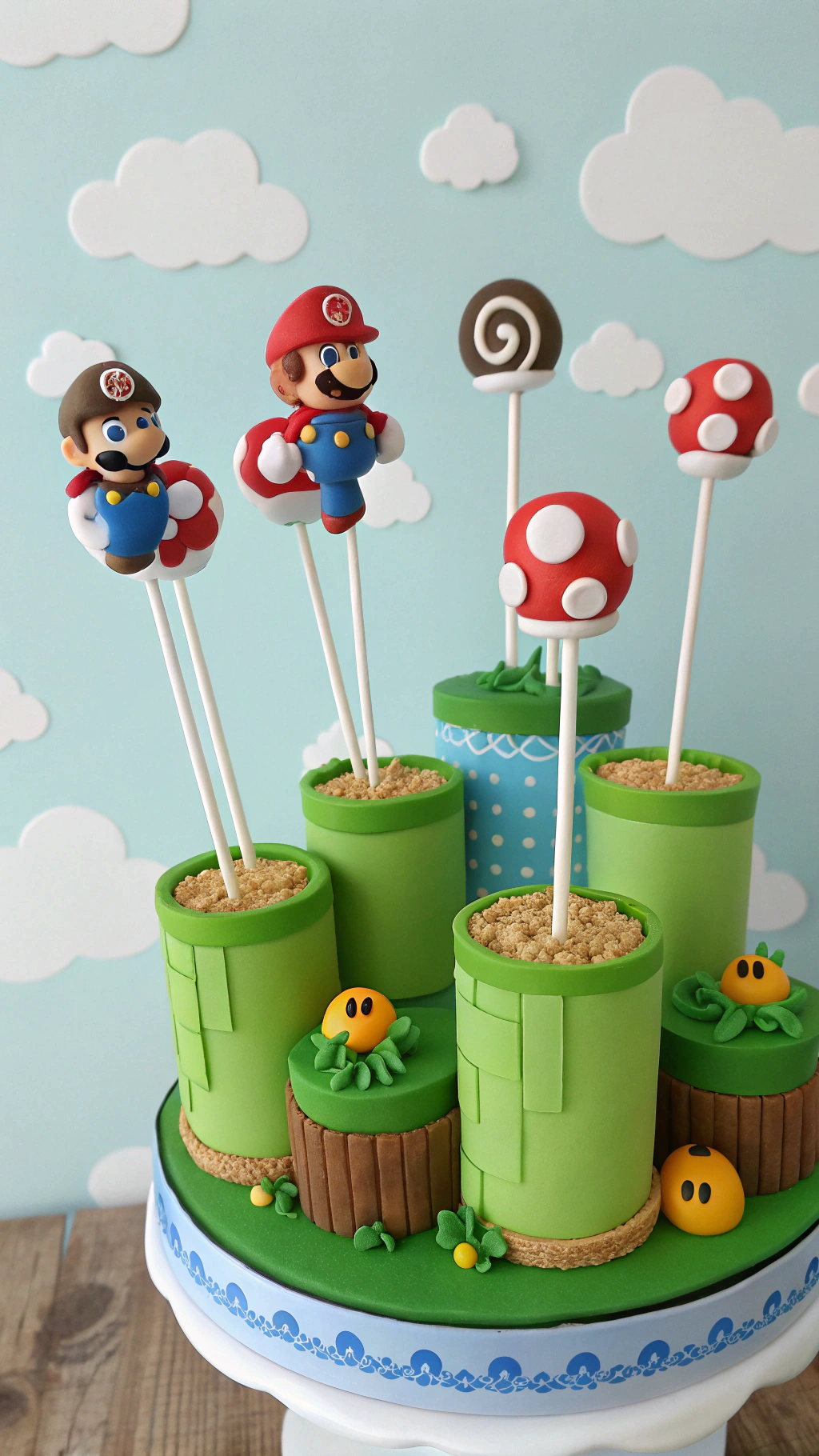 029 Creative Super Mario warp pipe cake pops cakepops with character toppers for birthdays - Themed Ideas