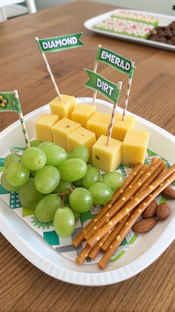 03 DIY Minecraft Snacks Party Platter with Cheese Blocks Grapes and Pretzel Tools - Themed Ideas