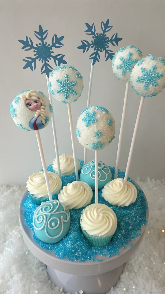 030 Frozen Snow Magic Cake Pops with Icy Swirls and Fondant Snowflake Toppers - Themed Ideas