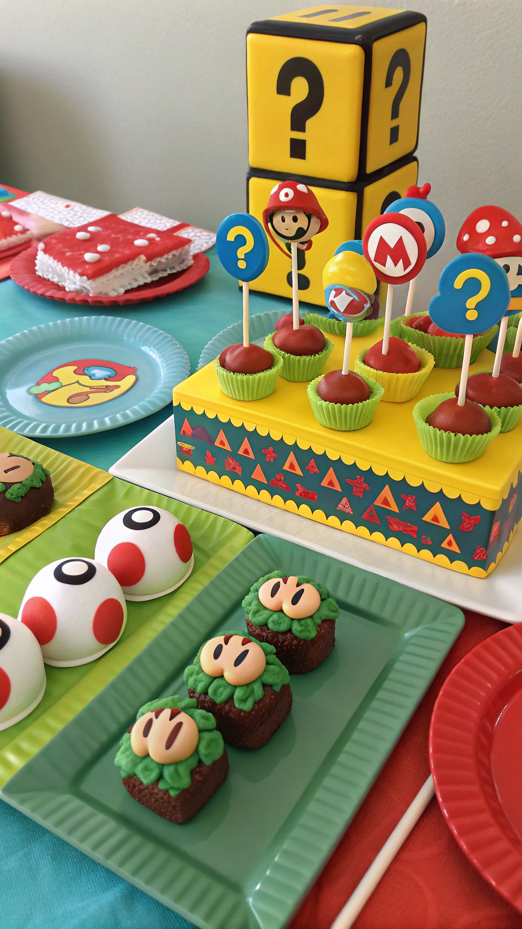 030 Power up Super Mario cake popsicles and cakepops with mushrooms stars and question blocks - Themed Ideas