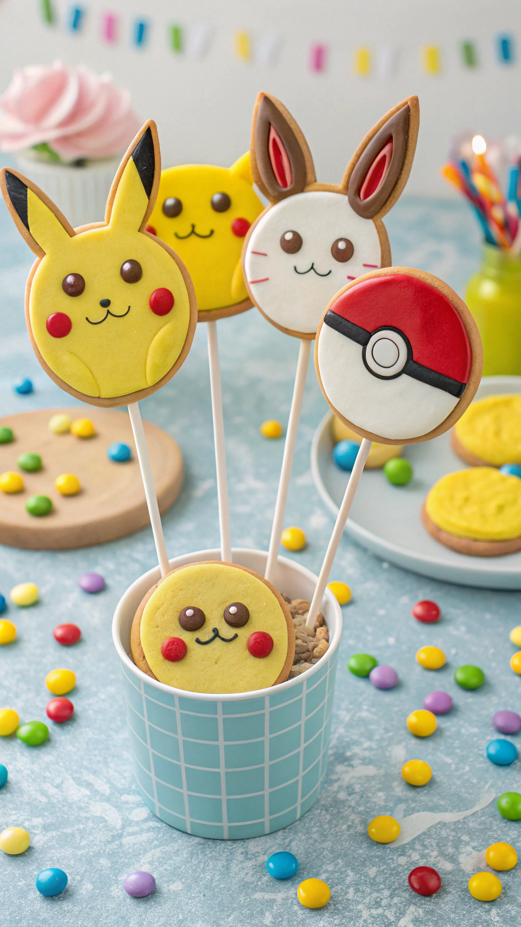 034 Pokemon cookie pops shaped like Pikachu and friends for party favors and dessert tables - Themed Ideas