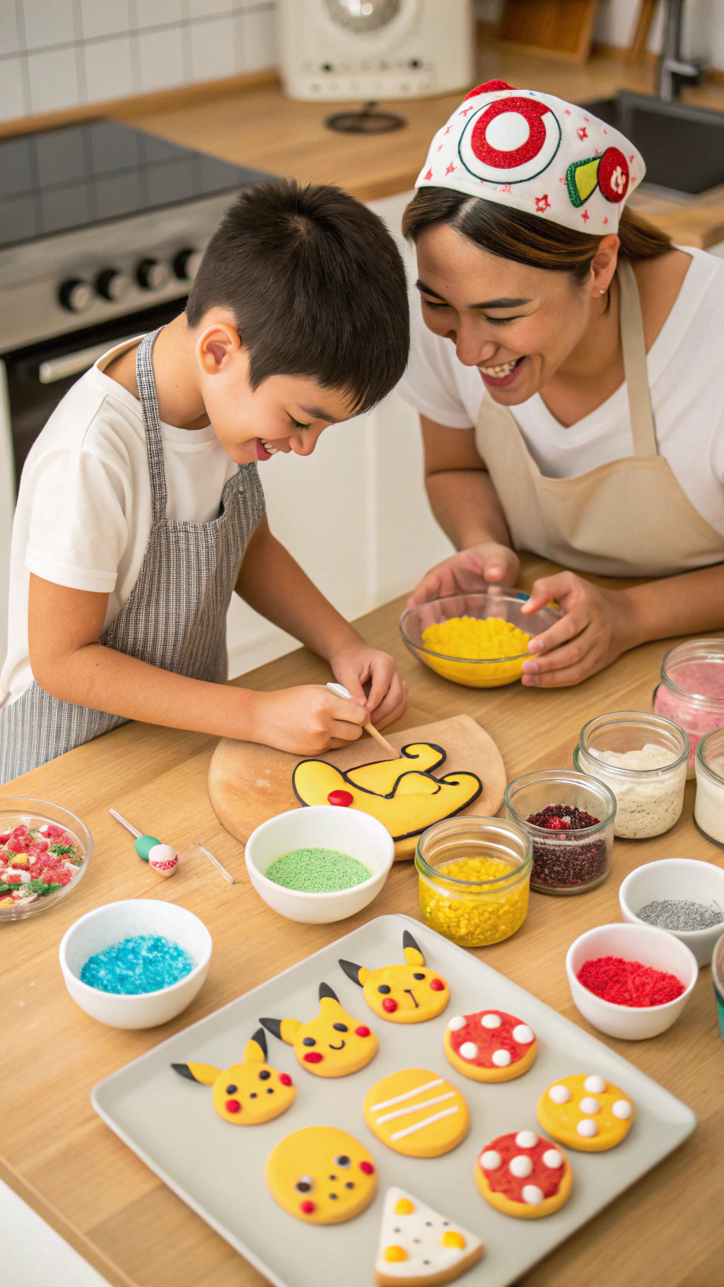 037 Parent and child decorating Pokemon cookies with colorful icing at a fun baking station - Themed Ideas