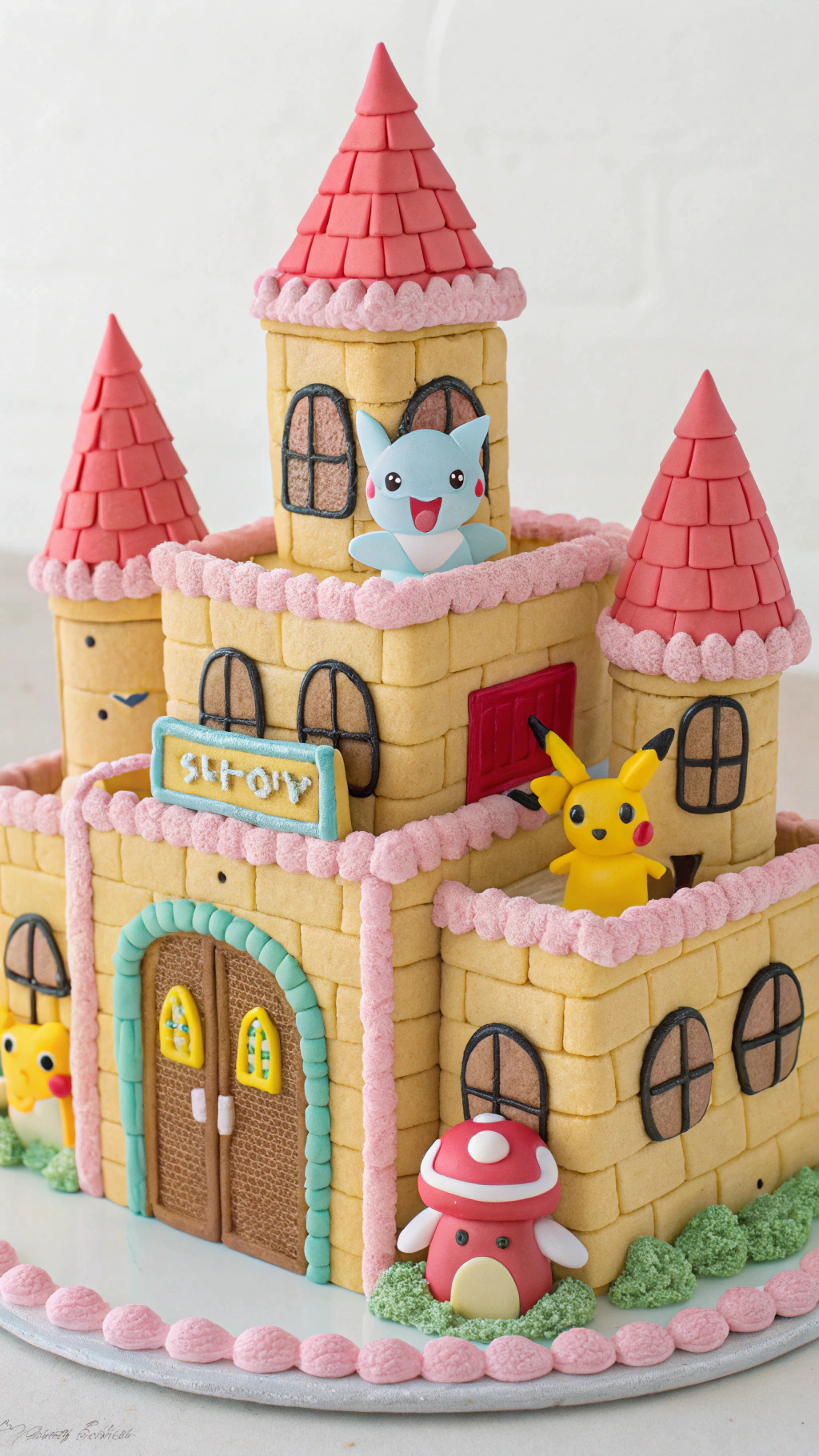 038 Whimsical Pokemon cookie castle design for themed birthday displays and edible fun - Themed Ideas