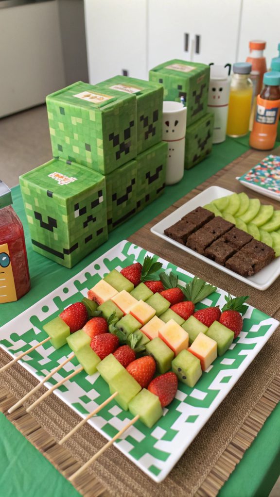 04 Fruit Kabobs for Minecraft Themed Birthday Party with Creeper and Pixel Block Style - Themed Ideas