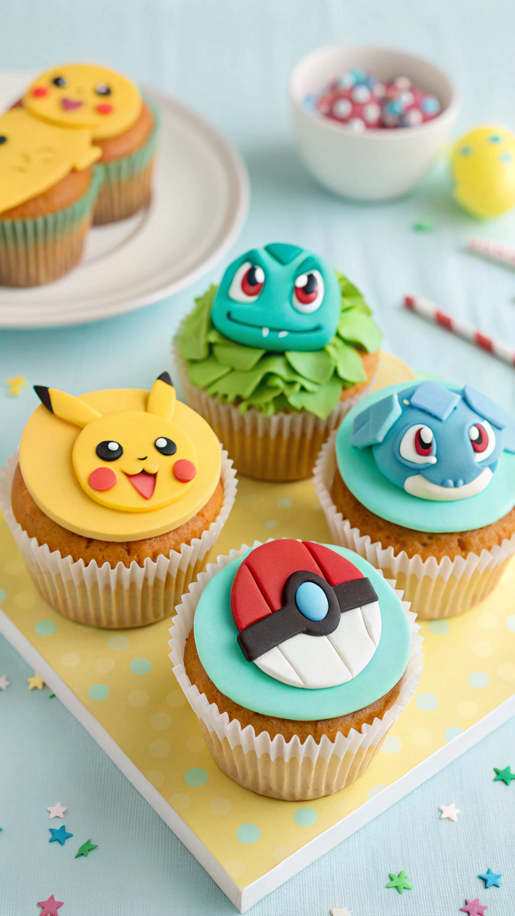 041 Creative Pokemon Cupcake Ideas with Pikachu Charmander Bulbasaur and Squirtle Toppers - Themed Ideas