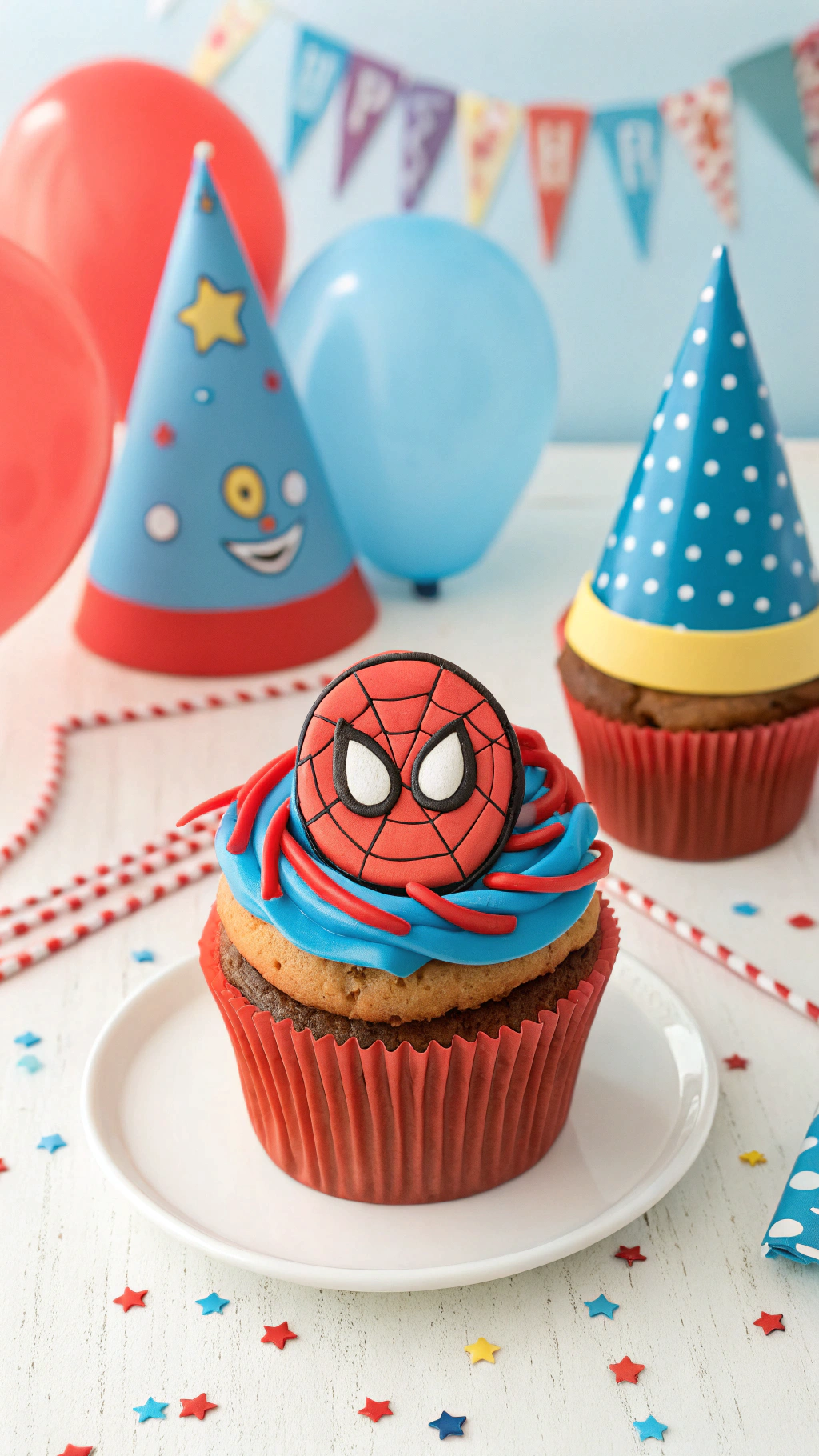 041 Fun Spiderman Cupcake Design with Red and Blue Frosting for Kids Birthday Party - Themed Ideas
