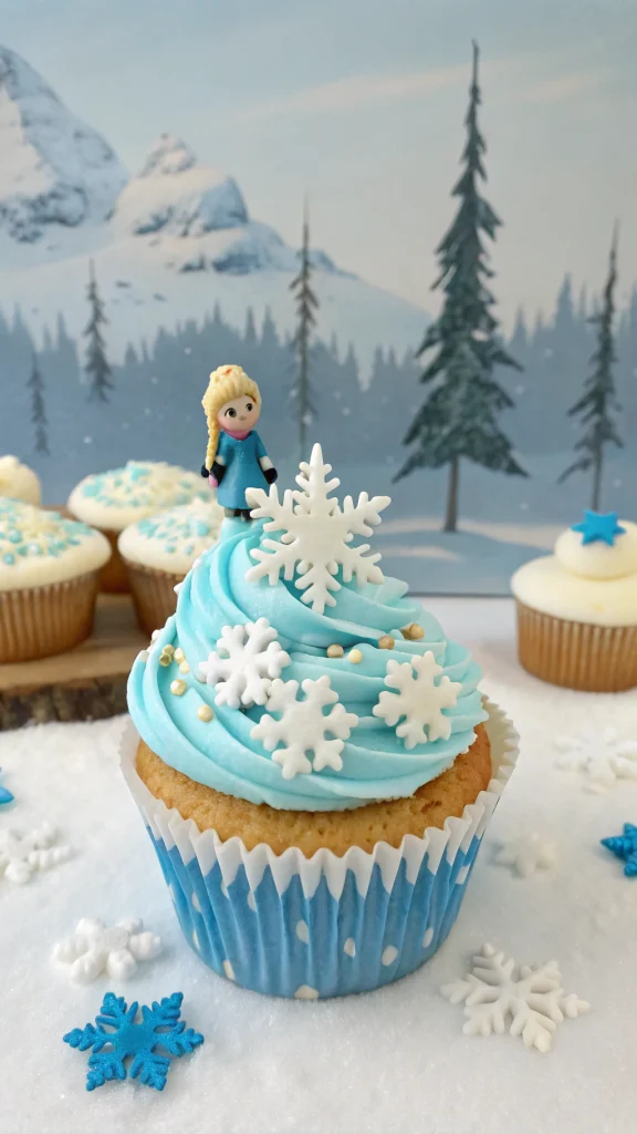 041 Magical Frozen Cupcake Idea with Elsa Topper and Snowflake Frosting for Kids Birthday Parties - Themed Ideas