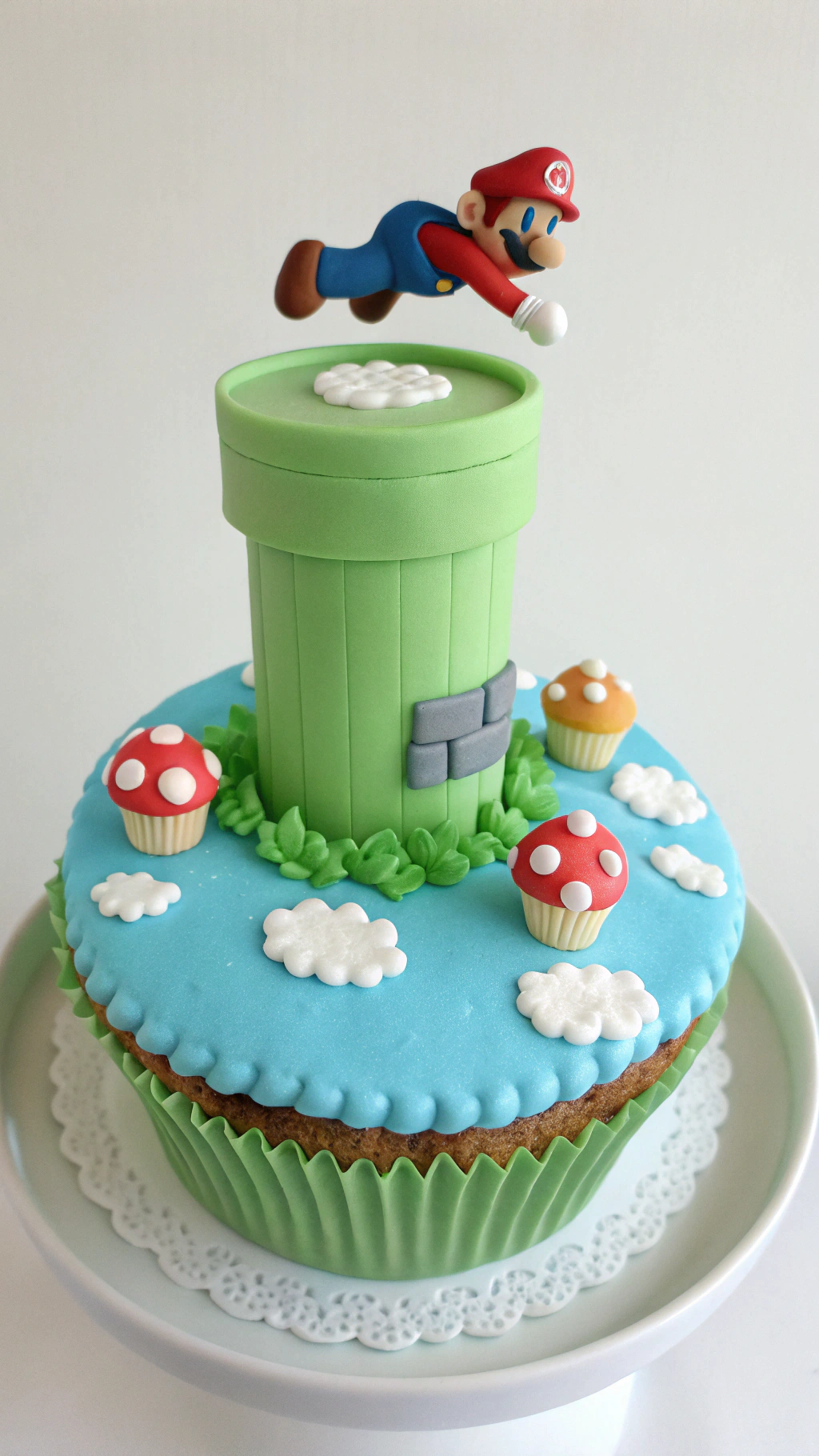 042 3D Mario Cupcake Design with Green Pipe Sky Frosting for Super Mario Birthday Party - Themed Ideas