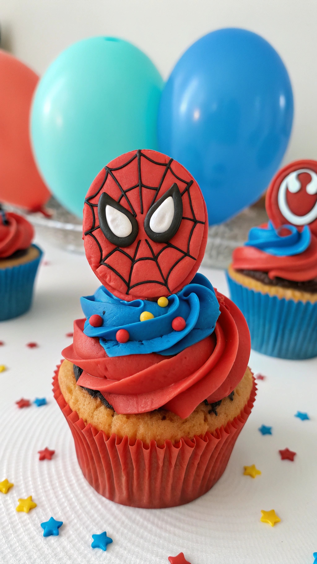 042 Set of 6 Spiderman Cupcake Ideas with Masks Webs and Skyline Designs for Kids - Themed Ideas