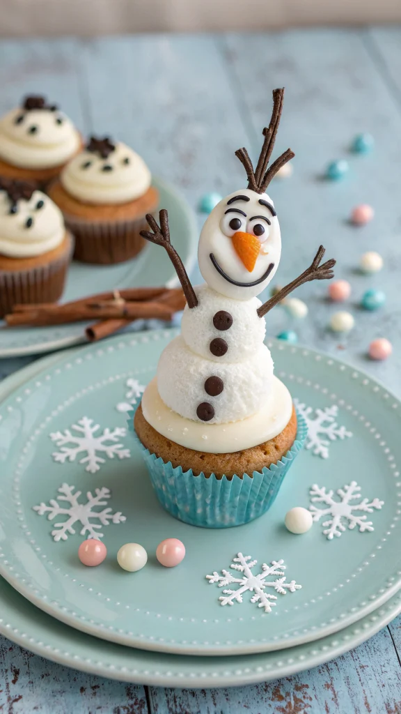 043 Olaf Frozen Cupcake Design with Marshmallow Body and Candy Nose for Kids Parties - Themed Ideas