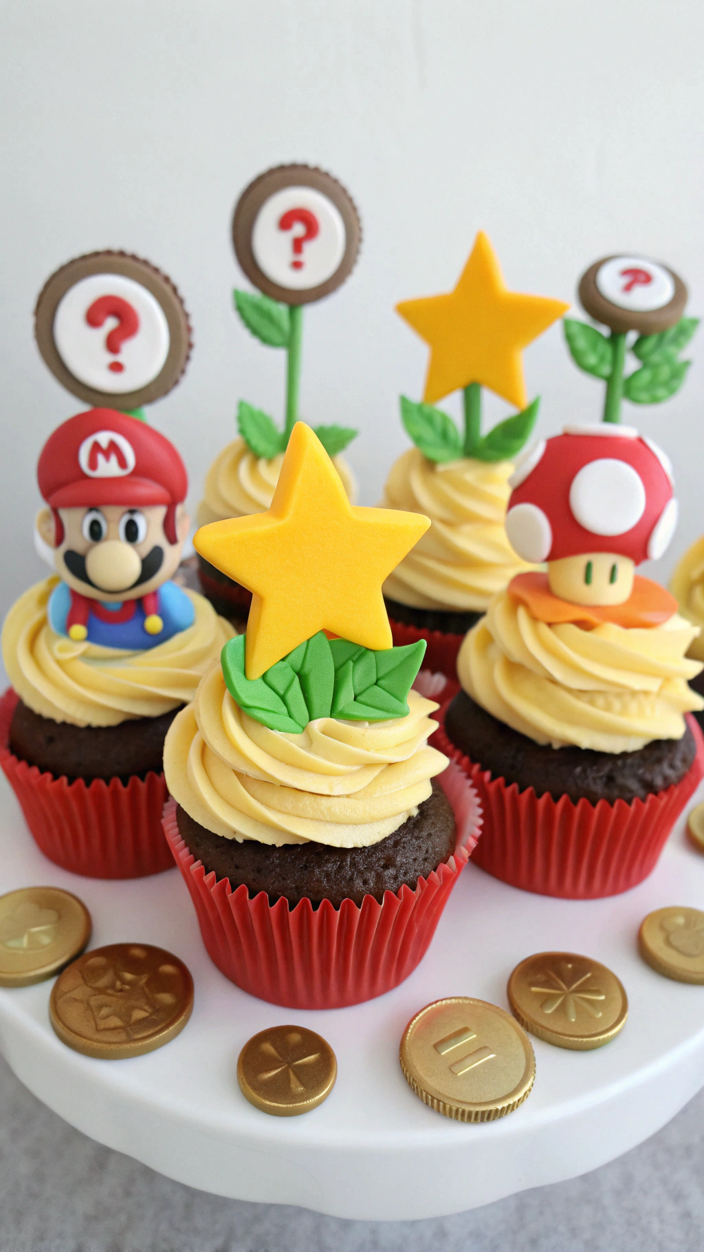 043 Power Up Super Mario Cupcake Ideas with Stars Mushrooms Coins for Kids Birthday - Themed Ideas