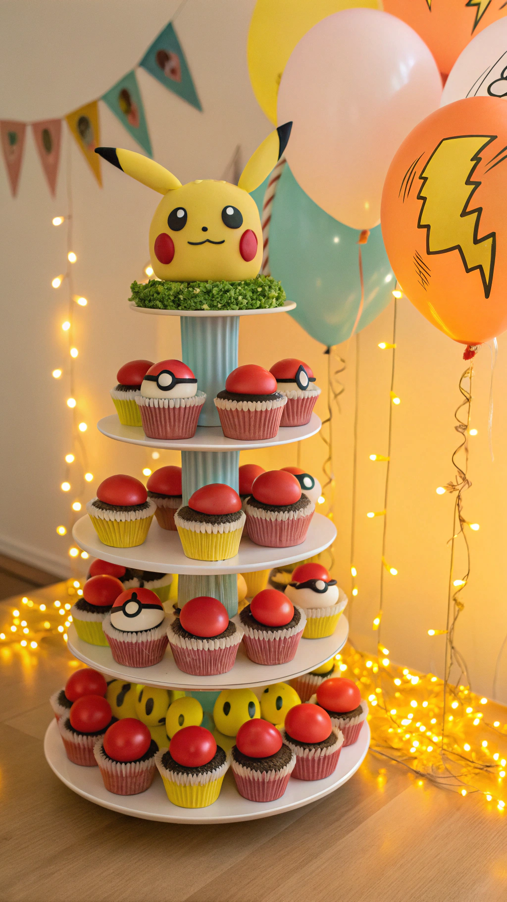 044 Pokemon Birthday Party Cupcake Tower with Pikachu Ears and Poke Ball Decorations - Themed Ideas
