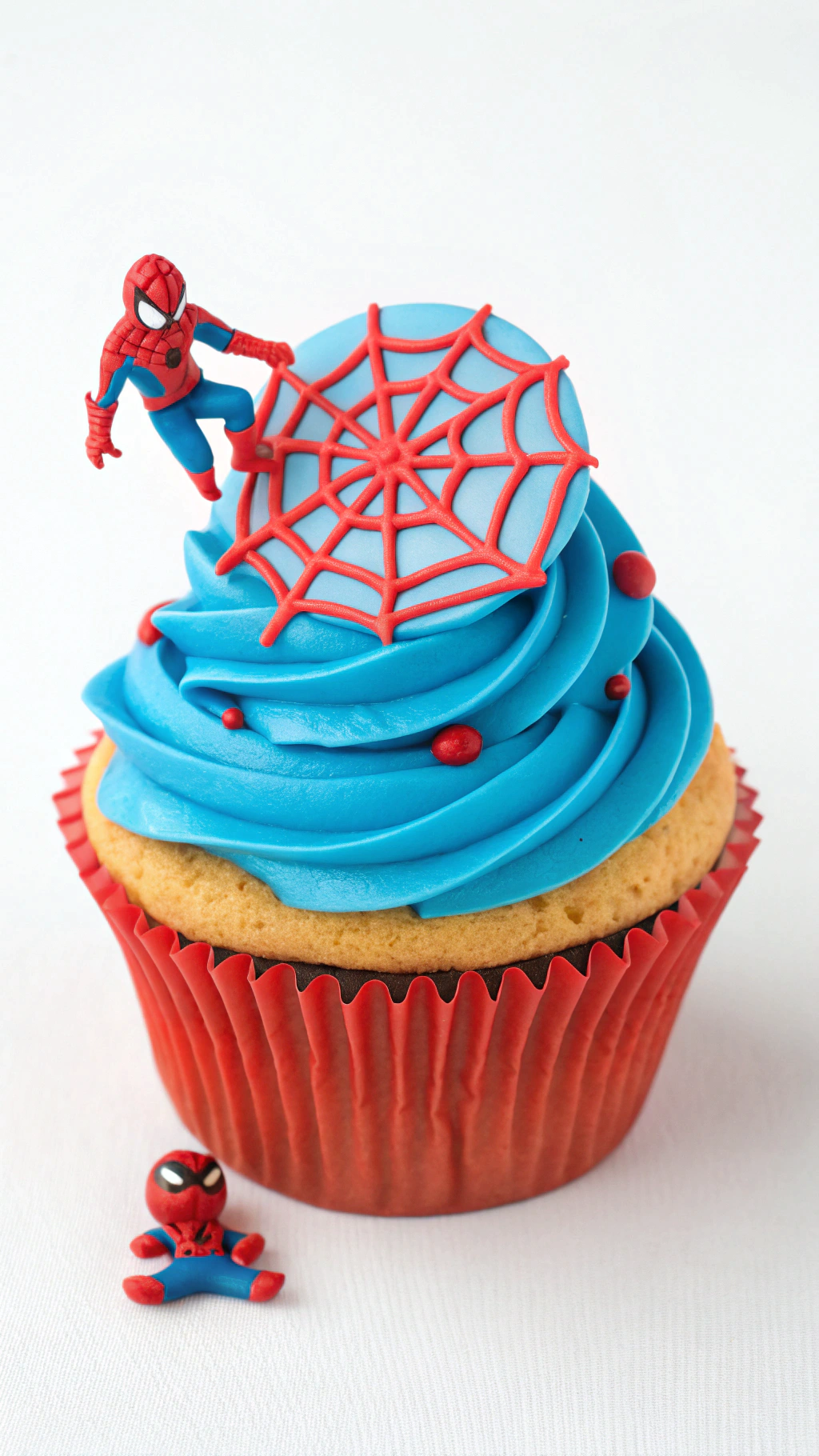 044 Realistic Spiderman Theme Cupcake with Red and Blue Swirl Icing and Sugar Topper - Themed Ideas