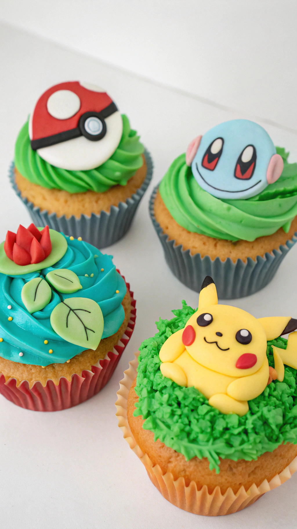 045 Adorable Pokemon Cupcake Design with Poke Ball Swirls Pikachu Fondant and Leaf Toppers - Themed Ideas
