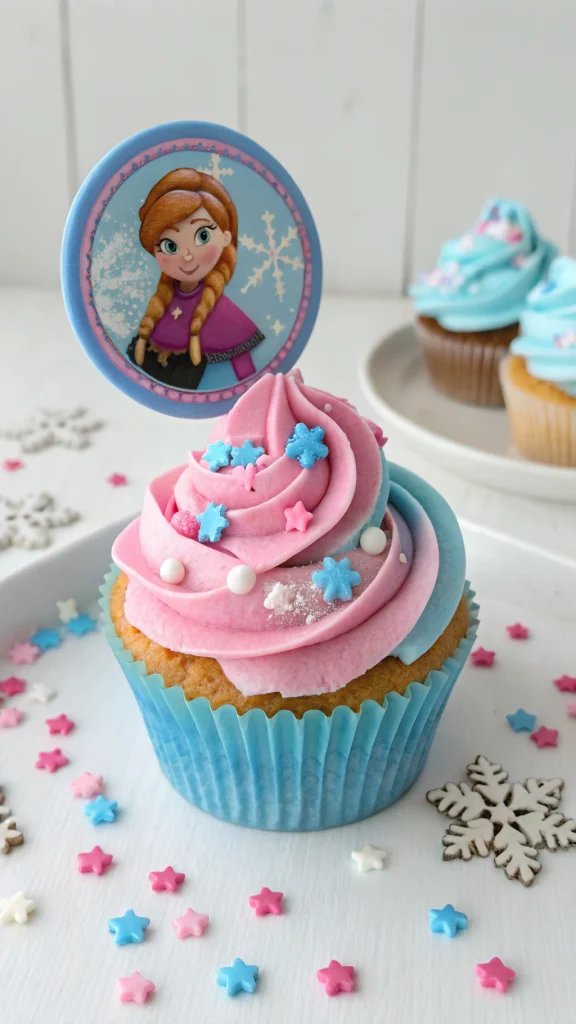 045 Frozen Birthday Cupcake with Anna Topper and Pink Blue Swirl Frosting for Girls Aged 5 - Themed Ideas