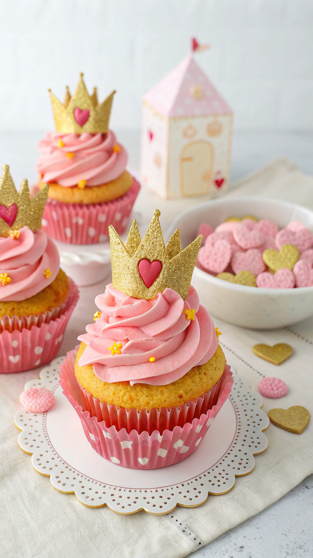 045 Princess Peach Super Mario Cupcake Ideas with Pink Frosting Glitter Crowns for Girls - Themed Ideas