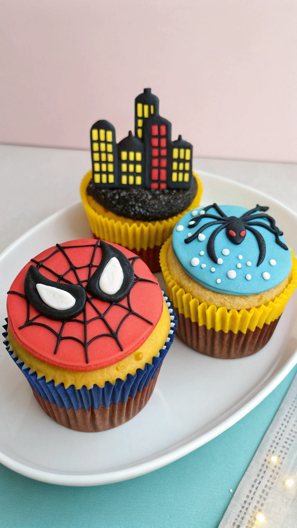 046 Comic Inspired Spiderman Cupcake Idea with Red Frosting and Candy Spider on Top - Themed Ideas