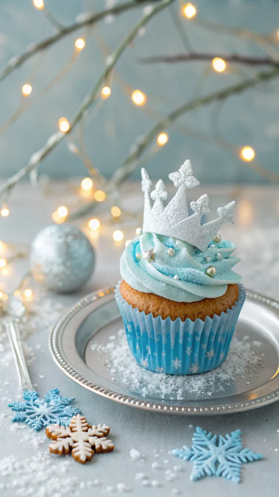 046 Ice Crystal Frozen Cupcake Design with Glitter Tiara and Snowflake Detail for Parties - Themed Ideas