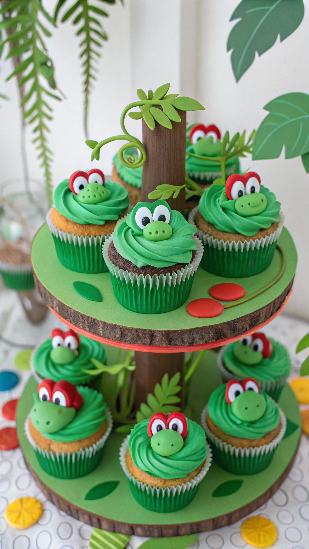 046 Yoshi Inspired Super Mario Birthday Cupcake with Green Frosting and Candy Eyes - Themed Ideas