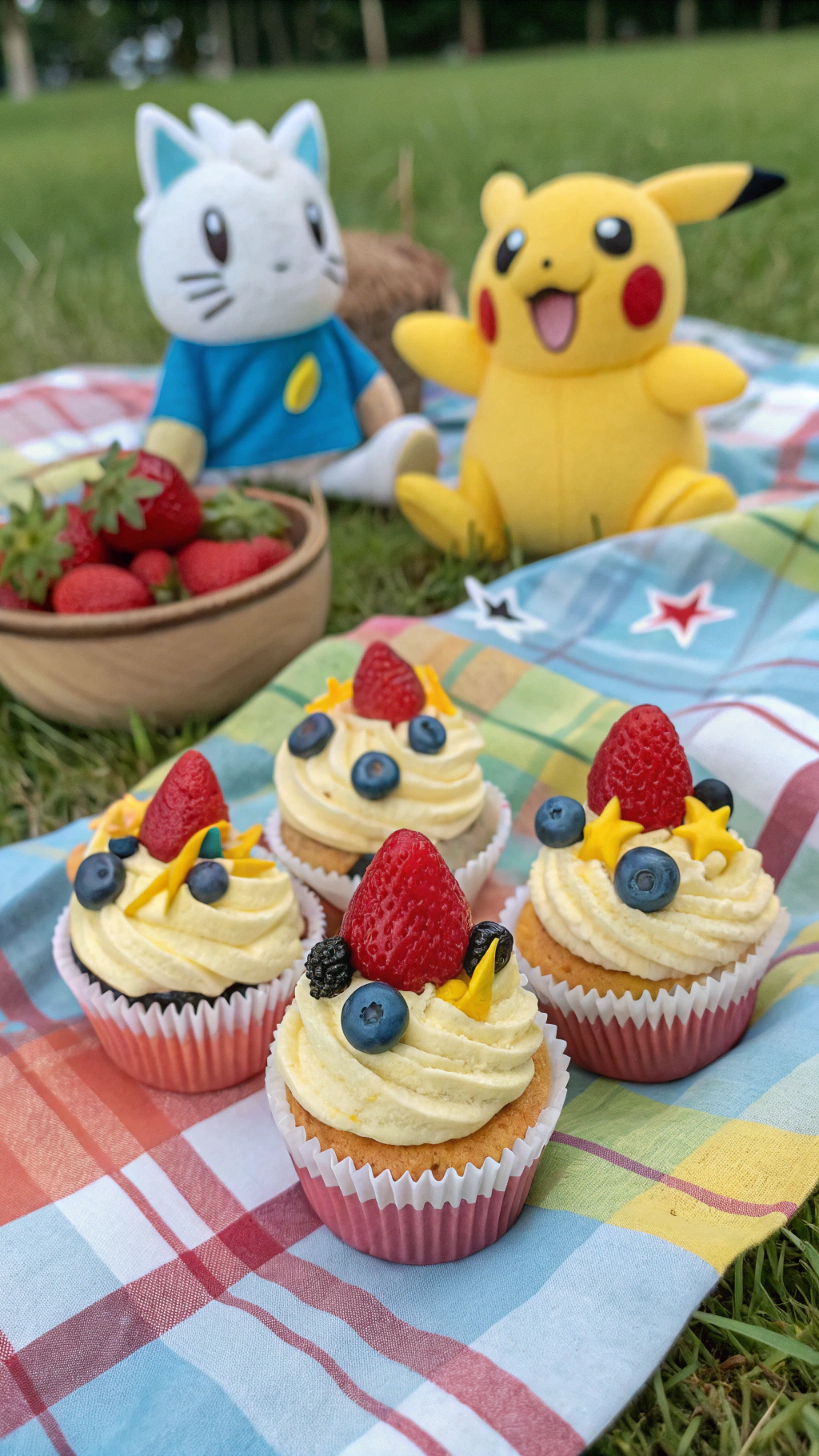 047 Whimsical Pokemon Theme Cupcake Treats with Character Tails and Candy Lightning Bolts - Themed Ideas
