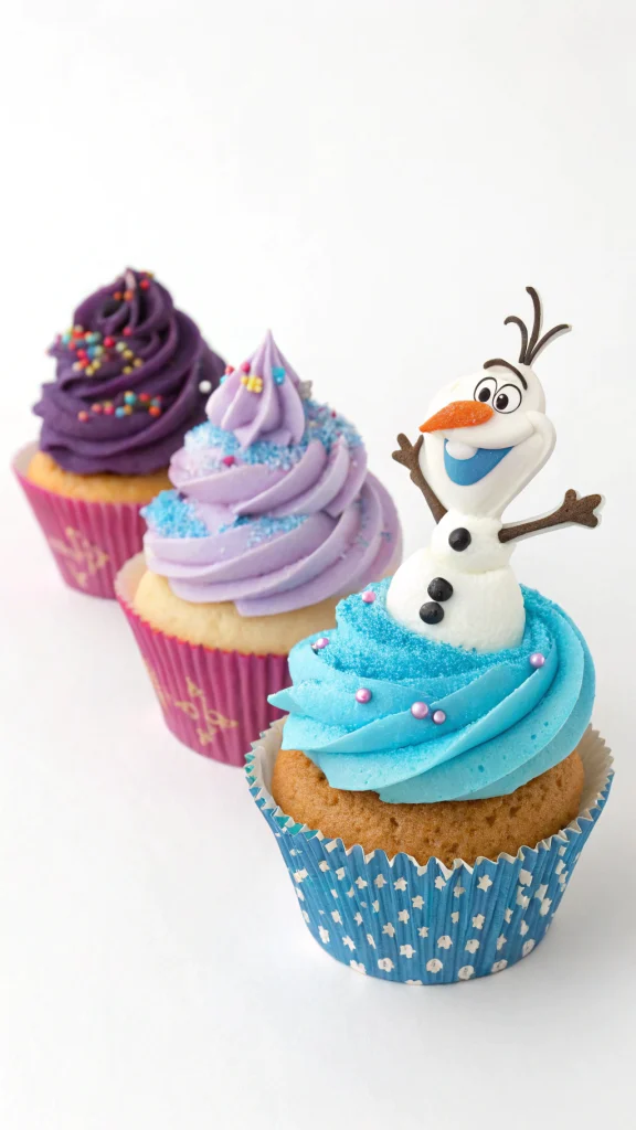 048 Frozen Character Cupcakes Featuring Elsa Anna and Olaf Designs with Themed Wrappers - Themed Ideas