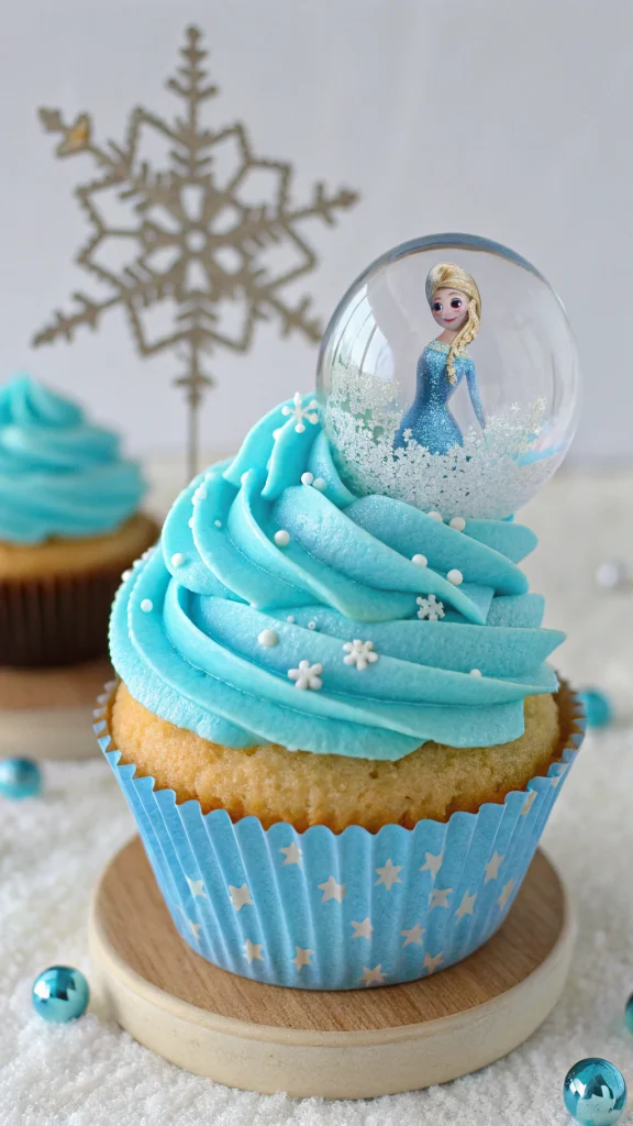 049 Frozen Cupcake with Edible Snow Globe and Ice Blue Frosting for Winter Birthday Parties - Themed Ideas