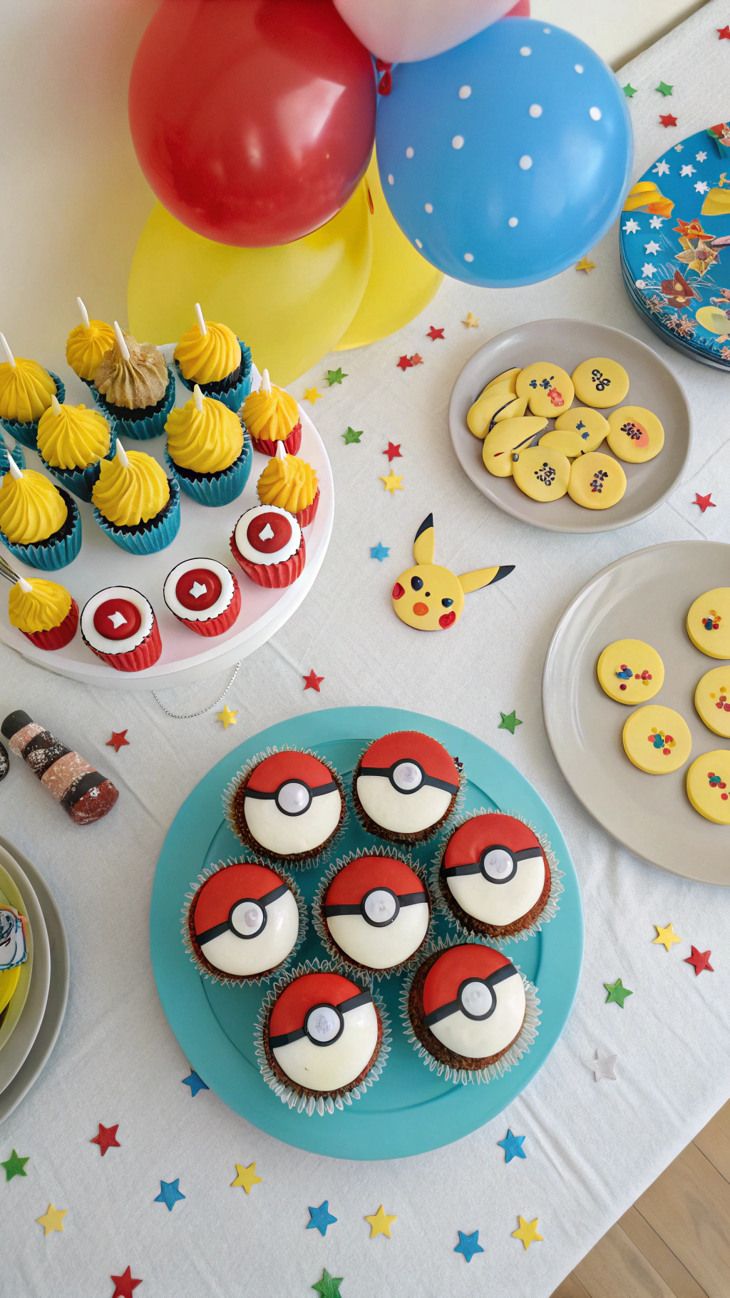 050 Pokemon Birthday Cupcake Table Display in Poke Ball Shape with Fun Kid Friendly Designs - Themed Ideas
