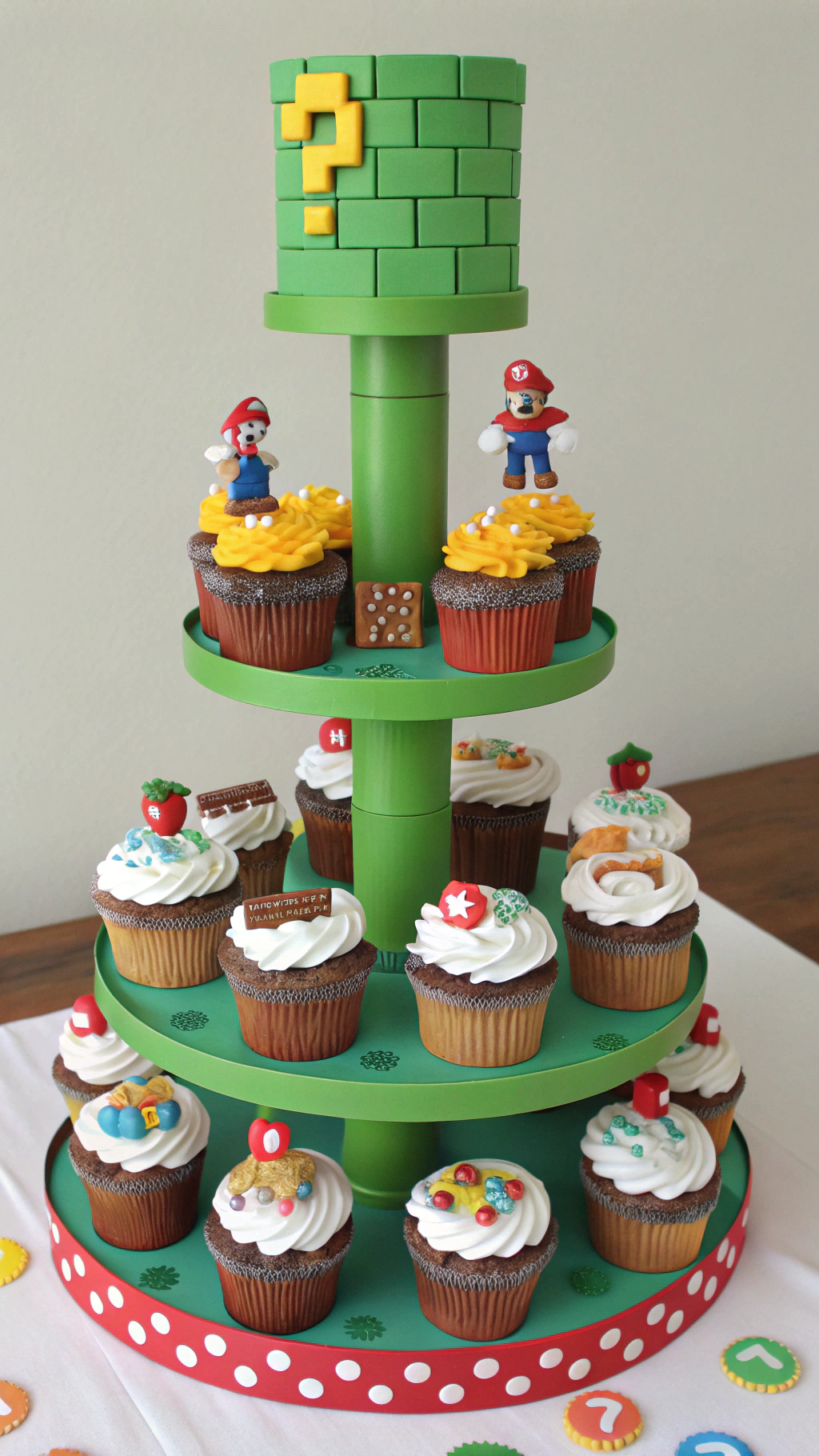 050 Super Mario Cupcake Tower Idea with Edible Game World Characters for Birthday Party - Themed Ideas
