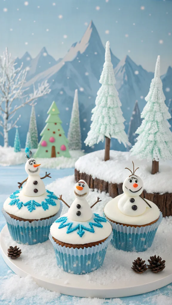 050 Winter Wonderland Frozen Cupcake Display with Snow Trees and North Mountain Backdrop - Themed Ideas